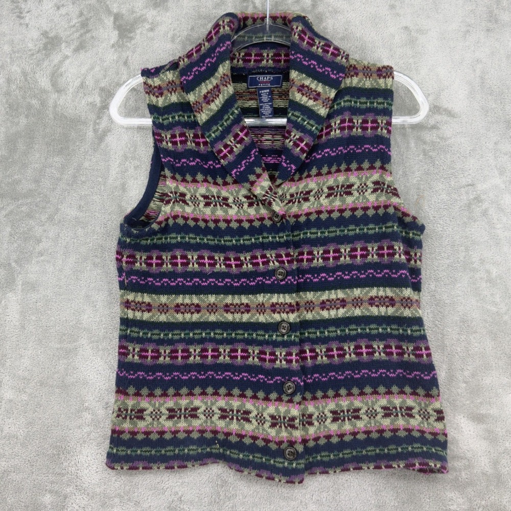 Vintage Chaps Vest Womens Size M Petite Fair Isle Winter Holiday Button Cozy